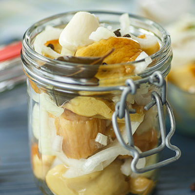 pickled mushroom in a glass jar
