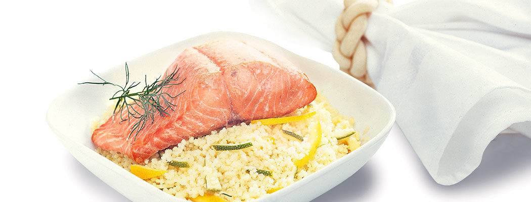 salt skillet salmon in a plate with rice